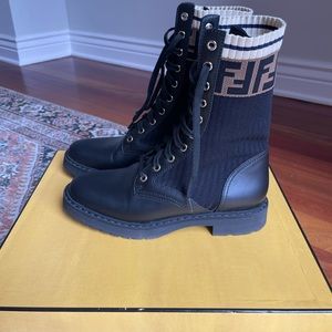 Barely worn Authentic Fendi Rockoko leather & knit combat boots.